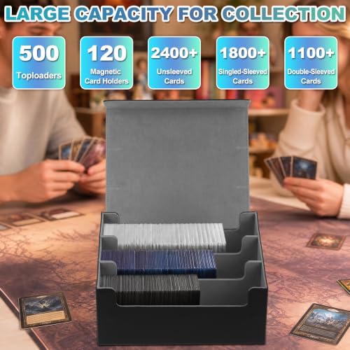 Trading Card Storage Box, Holds 1800 Sleeved Card, PU Magnetic Closure | 200 Toploaders and 600 Penny Sleeves INCLUDED, 10 Dividers and 6 Foam Stoppers INCLUDED, Fit for MTG, TCG and Sports Cards - color: Black and Grey