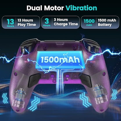 Linhugame Wireless Controller for PS5/Pro/Slim/PC, with Transparent Shell/RGB Tape Light/Hall Effect Joyticks and Trigger/Macro/Turbo/3.5mm Audio Jack/Speaker and Mic/1500 mAh Large Battery Gamepad（purple）