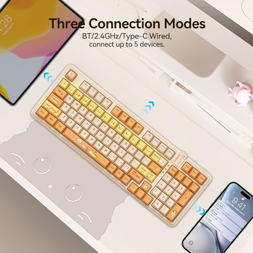 AUSDOM 98Pro Wireless Mechanical Keyboard, Tri-Mode Bluetooth/2.4GHz/USB-C Gasket Hot Swappable Custom Gaming Keyboard with Backlit, PBT Keycaps, Linear Switches, for Windows/Mac/PC (Yellow Cat Theme) - color: Yellow