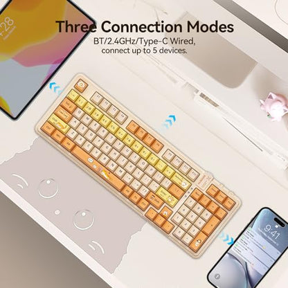 AUSDOM 98Pro Wireless Mechanical Keyboard, Tri-Mode Bluetooth/2.4GHz/USB-C Gasket Hot Swappable Custom Gaming Keyboard with Backlit, PBT Keycaps, Linear Switches, for Windows/Mac/PC (Yellow Cat Theme) - color: Yellow