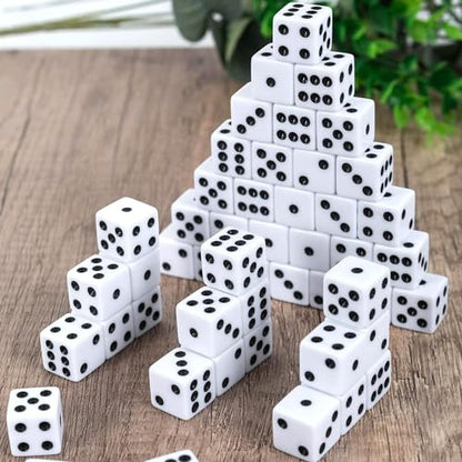 50 Pack 16MM White Dice - Six Sided Standard Opaque | Black Pips Dots, For Board Games, Group Event, Teaching Math