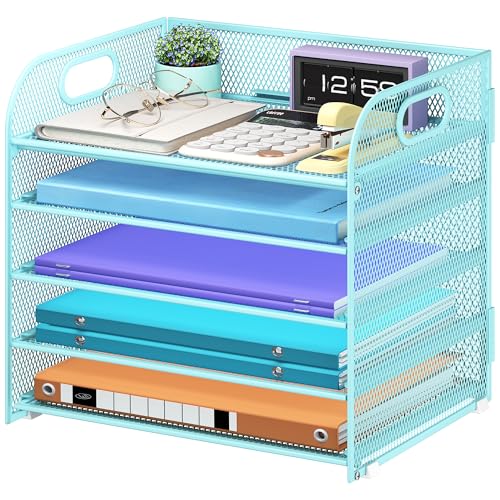 Cawukege 5 Tier Paper Organizer with Handle, Blue Metal Mesh Desk Organizer File Folder Paper Letter Tray Desktop Document Sorter for Classroom, School, Office Accessories Organization and Storage - color: Blue