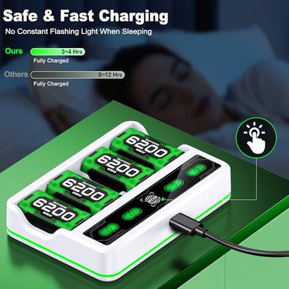 Upgraded Fast Charging Rechargeable Battery Pack for Xbox -4x6200mWh Batteries with Light Control &Charger Dock -Compatible with Xbox Series X|S,One S/X,Elite Controllers, Charger Sets, White