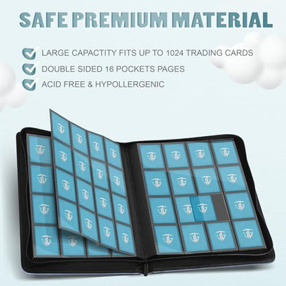 16 Pockets Trading Card Zipper Binder for 1000+ Cards| Secure Side Loading Pockets | Trading Card Album Folder | Compatible with YuGiOh, MTG,Sports Cards (Blue 16) - color: Blue 16