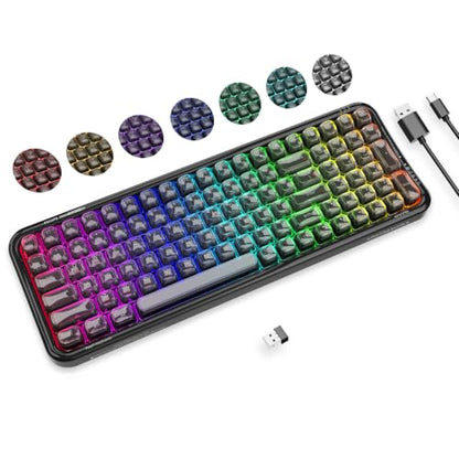 FOPETT Wireless Computer Keyboard with RGB Backlit, Tri-Mode Bluetooth 5.0/USB-C/2.4GHz Ergonomic Gaming Keyboard - Full-Size Rechargeable Transparent Keycap for Laptop/Windows/PC - Black - color: 732 Black