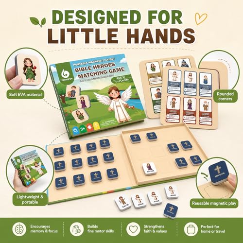 Travofun Magnetic Bible Matching Game, Memory & Clue Cards, Ages 4-8 | Magnetic memory matching with Bible character clue cards for church, Sunday school, family learning and travel. - style: Bible Heroes Game