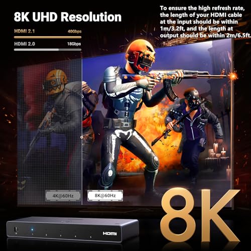 UGREEN 8K@60Hz HDMI Switch 5 in 1 Out Aluminum Support 4K@240Hz HDR10+ HDCP 2.3 CEC HDMI 2.1 Switcher Splitter with Power Adapter Compatible with PS5/4 Xbox Nintendo Switch Roku Apple TV Fire Stick