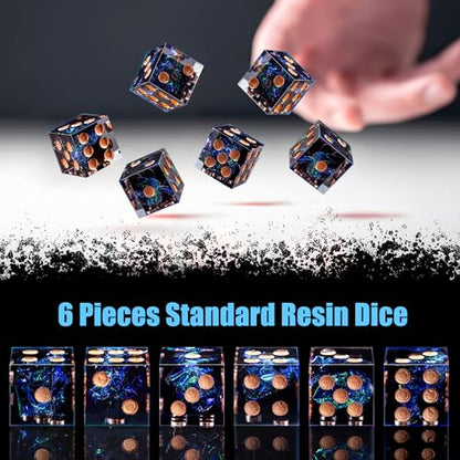 AUSTOR 6 Sided Dice 16mm, 6 Pieces D6 Dice Handmade Sharp Edge Resin Dices Set with Metal Case for Tenzi, Farkle, Yahtzee, Bunco or Teaching Math, Dark Star - color: Dark Star