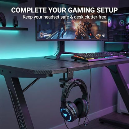 Headphone Stand Holder for Desk, Carbon Steel Under Desk Headphone Hanger, 360° Rotating Backpack Hook Clamp, Adjustable Height Gaming Accessories for Table Thickness up to 2.68 Inch, Black
