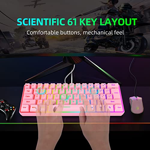 Snpurdiri 60% Wired Gaming Keyboard, 61 Keys RGB Backlit Ultra-Compact Mini Gaming Keyboard for PC/Mac Gamer, Typist, Travel, Easy to Carry on Business Trip(Pink) - color: Pink