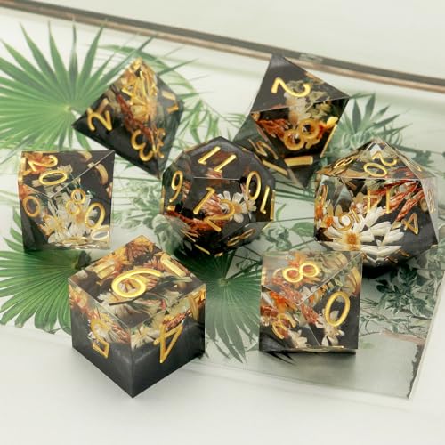 Haxtec Flower DND Dice Set Sharp Edge Resin Polyhedral Dice, Floral D&D Dice with Metal Case, Handmade Flower Inside Dice Set for Dungeons and Dragons TTRPG, Winter Black DND Gift - color: Black