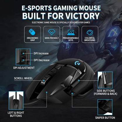 G502 High Performance Wired Gaming Mouse, Ergonomic RGB Gaming Mouse Wired with 7200 Adjustable DPI, 8 Programmable Buttons, Professional Software for Gamer Office [Black]