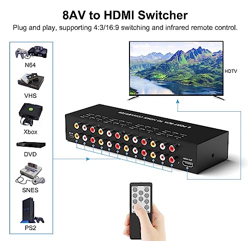 8Port AV to HDMI Converter Adapter Support 16:9/4:3 Switch for Wii/N64/PS1/PS2/PS3/VHS/VCR/DVD Players etc (8Port RCA in to 1 HDMI Converter with IR Remote) - style: 8Port AV to HDMI Converter