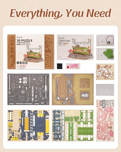 Rolife 3D Wooden Puzzle for Adults, Sakura Journey Tram DIY Model Building Kits with LED Lights, Creative Kids Craft Hobby Gift and Brain Teaser Home Decor Assembly Toy