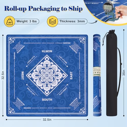 Shipped Rolled Mahjong Mat with Rules Without Creases, 3mm, 32.5" x 32.5" | Anti-Slip Rubber Base, Travel-ready with Carry Bag, Soft & Water-Repellent Surface, Noise-Reduce, for Poker & Card game - color: Blue