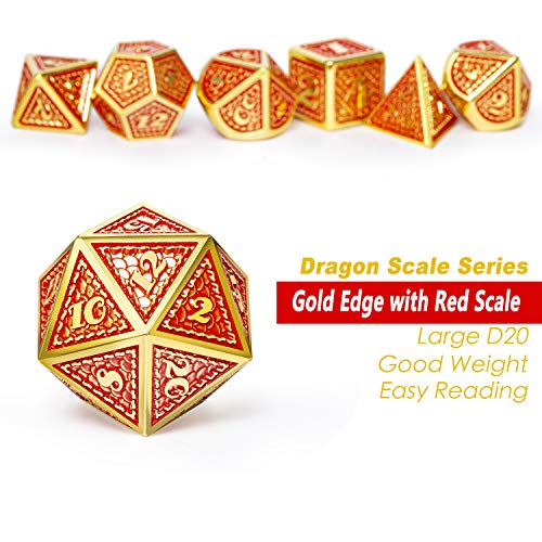 DNDND Metal Gaming Dice, 7 PCS Red Dragon Scale Metallic DND Die with Velvet Pouch for Dungeons & Dragon D&D Game (Red with Gold Edge) - color: Red With Gold Edge