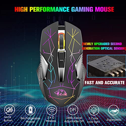 FELICON Wireless Gaming Mouse, Rechargeable Silent Click Adjustable DPI Optical Computer Mice, 2.4Ghz Wireless Mouse with Colorful LED Backlit for Windows/Mac/Linux/PC/Laptop(Star Black) - color: Star Black