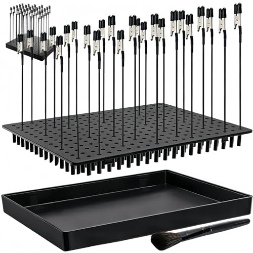 Tlence 19 x 14 Holes Model Painting Stand Base, 25 PCS Alligator Clip Sticks with Rubber Tips, Airbrush Spray Holder with Clean Brush, Clamping Tools Set for Model Parts Assemble DIY Crafts Photo Memo