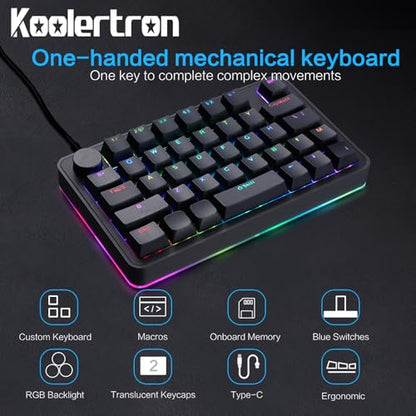 Koolertron Single-Handed Macro Mechanical Keyboard, RGB LED Backlit Portable Mini One-Handed Mechanical Gaming Keypad 39 Fully Programmable Keys (39 Keyboard Black) - style: 39 Keyboard Black