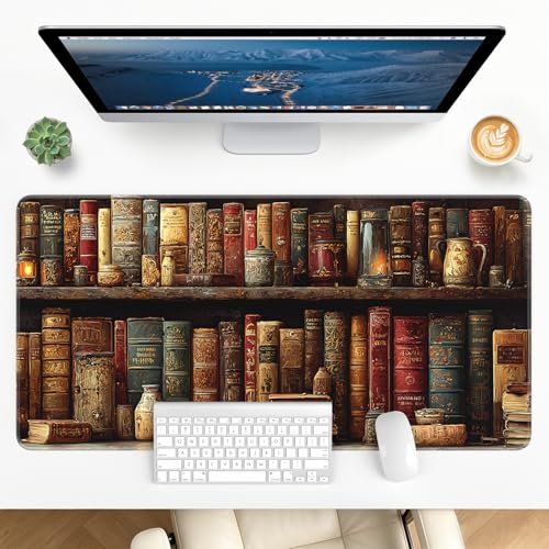 Large Gaming Mouse Pad, XL Desk Protector, Non-Slip Base | 31.5x15.7 in Extended Desk Mat with Stitched Edges for Keyboard, Work, Game, Office, Home PC and Laptop - color: Vintage Books