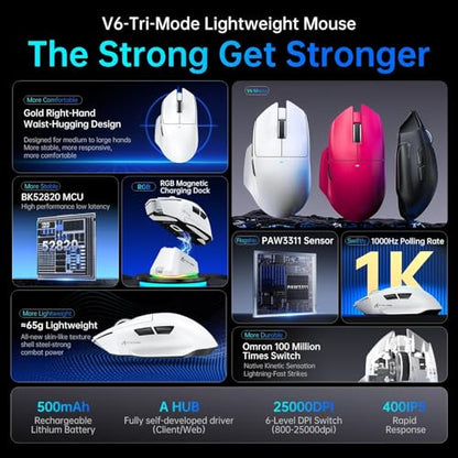 ATTACK SHARK V6 Wireless Gaming Mouse with RGB Charging Dock, 25K DPI PAW3311 Sensor, 1K Polling Tri-Mode PC Mice, 500mAh Battery, Cloud-Based AI Driver for Win/Mac, Red - color: Berry Red