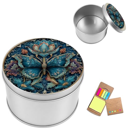 Metal Round Storage Containers Box with Lid, Metal Tins Organizer Box for Earring Jewelry Craft Trinket Keys Watch, Teal Butterfly Design Decorative Storage Case with Notepad - color: Teal Butterfly