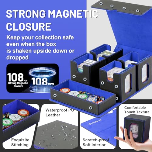 Trading Card Storage Box with Commander Display for MTG, TCG, Sports Cards, 5-in-1 Card Deck Box, Holds 450+ Double-Sleeved Cards, 4 Individual Deck Cases with Covers, Dice Tray & Magnetic Holders - color: Black & Blue