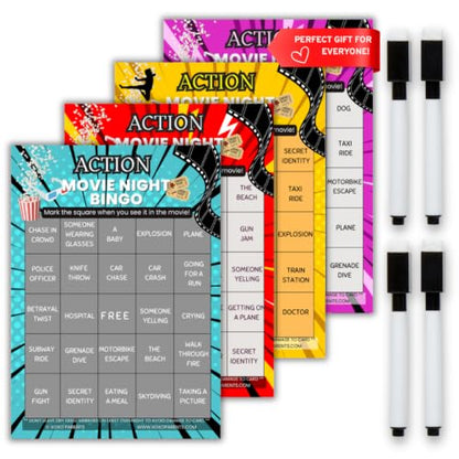 XOXO Parents Movie Night Bingo Cards, Reusable Supplies - Action | 4 reusable dry-erase cards, markers included, fun for kids & adults, guys night game, blockbuster movie lover gift