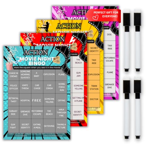 XOXO Parents Movie Night Bingo Cards, Reusable Supplies - Action | 4 reusable dry-erase cards, markers included, fun for kids & adults, guys night game, blockbuster movie lover gift