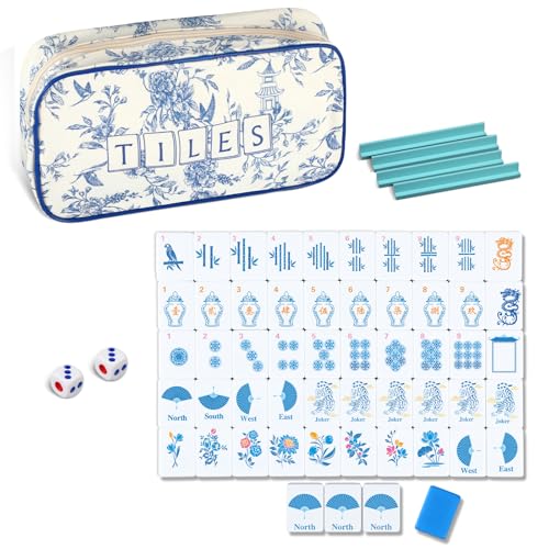 Soulchen Mini American Mahjong Tile Set Include 160 0.8 Inch Mahjong Tiles 2 Dice 4 Wooden Rulers 1 Accessory Bag 4 Beginner Rule Cards (Chinoiserie) - style: Chinoiserie