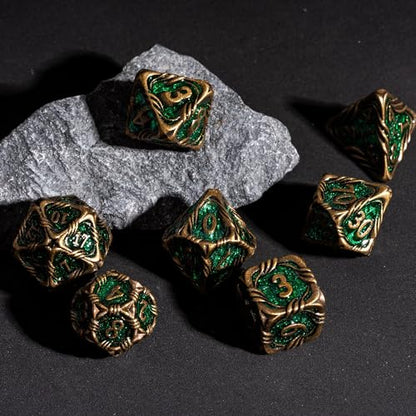 7-Die Metal DND Dice Set Role Playing Dice for RPG Table Games | Vine Design PU Leather Pouch for Dungeons and Dragons - color: Vine-bronze Green