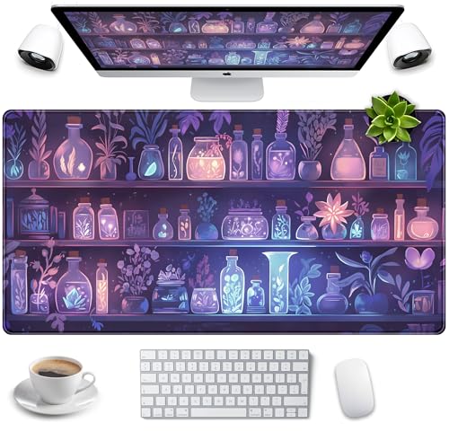 Cute Cozy Purple Gaming Desk Mat, Mystical Potion Bottles Mouse Pad XXL Large Extended Aesthetic Apothecary Shelf Desk Pad, Fun Computer Desktop Pad Mat Laptop Keyboard and Mouse Mat 31.5x15.7 in - color: Purple Potion Bottles