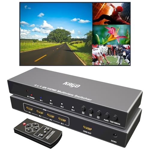 KAGO 4K HDMI Multi Viewer 4x1 Quad Switcher | 5 Display Modes, 7.1CH Audio Pass-Through, Seamless Switching, IR Remote, Heavy-Duty Metal - size: MV 1 x 4