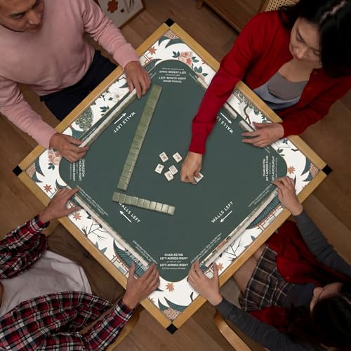 Foilswirl 1 Pcs Mini Chinoiserie Mahjong Mat for Travel - 21" x 21" Green Floral Peacock Mahjong Mat Non-Slip Noise Reduction Carrying Bag for Poker Board Card Games Dominoes