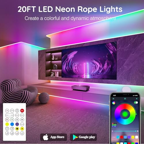 SINLEY Led Neon Rope Lights 20FT,Control with App/Remote,Flexible Led Rope Lights,Multiple Modes,IP68 Outdoor RGB Neon Lights Waterproof,Music Sync Gaming Led Strip Lights for Bedroom Indoor - size: 20FT