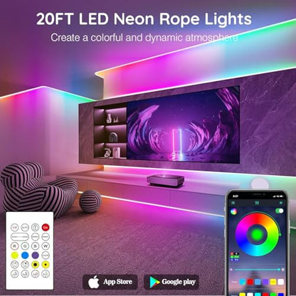SINLEY Led Neon Rope Lights 20FT,Control with App/Remote,Flexible Led Rope Lights,Multiple Modes,IP68 Outdoor RGB Neon Lights Waterproof,Music Sync Gaming Led Strip Lights for Bedroom Indoor - size: 20FT