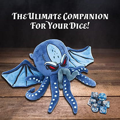 CASEMATIX DnD Dice Holder & Soft Dice Case with 7-Piece RPG Dice Set – 9.5” Sea Monster Plush Dice Storage for 21 Dice, Zippered Dice Container & Tabletop Dice Organizer