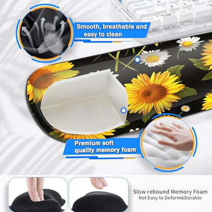 Large Gaming Mouse Pad+ Keyboard Wrist Rest Set, Ergonomics Memory Foam Mouse Mat Wrist Rest Support for Home Office, Waterproof Extended Mousepad 31.5x11.8in, Sunflower Flowers Black Desk Pad - color: Yvb-mousepad-9-f-169