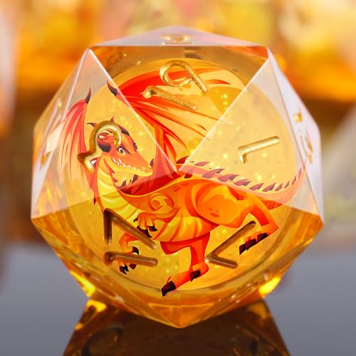DNDND Red Dragon Dice with Gold Numbers | Liquid Core 7-Piece Sharp Edge Resin DND Dice Set | Dragon Themed Collectible Metal Case | RPG Tabletop Gaming Gift - color: Liquid Dragon Gold