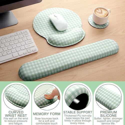Tellegloww Wrist Rest Support for Mouse Pad&Keyboard Set, Green Gingham Checkered Circle Curved Ergonomic Mousepad&Coaster Non-Slip Base, Design for Office, Home, Laptop, Desktop Computer Keyboard - color: Green