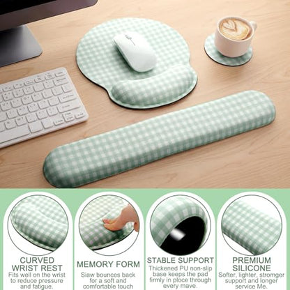 Tellegloww Wrist Rest Support for Mouse Pad&Keyboard Set, Green Gingham Checkered Circle Curved Ergonomic Mousepad&Coaster Non-Slip Base, Design for Office, Home, Laptop, Desktop Computer Keyboard - color: Green