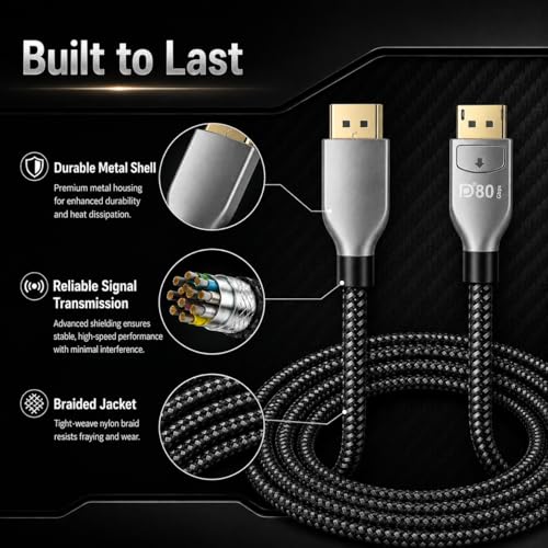80Gbps DisplayPort 2.1 Cable 3.3FT, DP 2.1 Cable [Supports 16K@60Hz, 8K@120Hz, 4K@240Hz/165Hz/144Hz], Compatible with FreeSync/G-Sync Gaming Monitors, Suitable for RTX 5090/7900 XTX