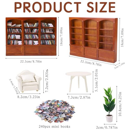 Mini Bookshelf with 240pcs Mini Books Sofa Desk Plant Dollhouse Bookshelf | Tiny Small Bookshelf Dollhouse Decor Shake Away Your Anxiety for Book Lovers Gift Home Room Office - style: Mini Books with Big Bookshelf
