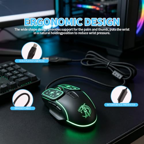 Wired Gaming Mouse, Lightweight USB Optical Computer Mice with 7 Buttons, 4 Adjustable DPI (1200-7200), Ergonomic Shape for Computers and Laptops, Black - color: Black