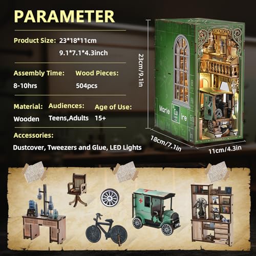 MiniCity Book Nook Kit, DIY Miniature Dollhouse Book Nook Kit with Dust Cover and LED Light-The Radium Lady | 7.1 x 4.3 x 9.1 in; 504 pieces, LED and dust cover; glue/tools and guide included; 6-8 hr DIY build for display, ages 14+. - style: The Radium La