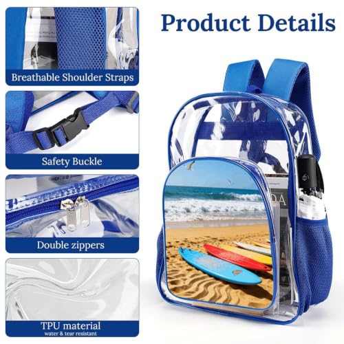 16" Clear Backpack Waterproof Stadium Bag for Security | Beach Surfboard, Transparent Backpack Stadium Events, Heavy Duty Bookbag, See Through Bag for Sports Festivals Travel - color: Blue
