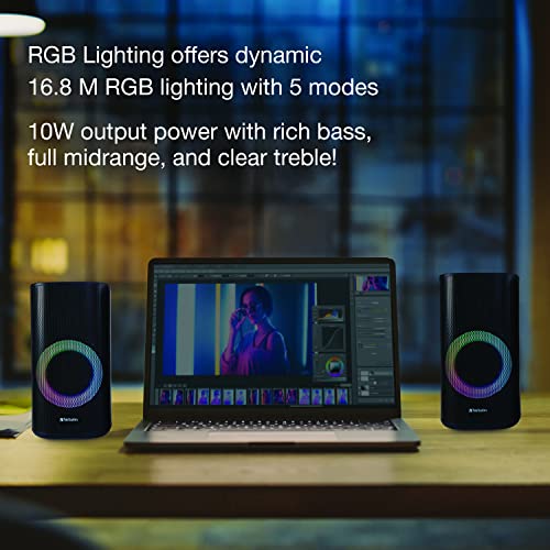 Verbatim RGB Gaming Stereo Desktop Speakers Bluetooth 5.0 3.5mm AUX-in Connection – Black