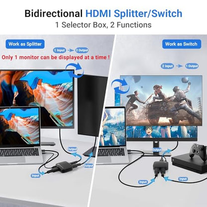 8K HDMI Switch Splitter 2 in 1 Out, Bi-Directional Switcher Support 48Gbps 4K@120Hz 8K@60Hz 4K@144Hz for PS5/PS4,HDTV,Xbox,Fire Stick