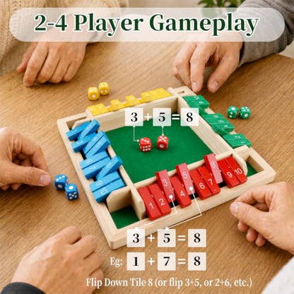 Shut The Box Game - Classic 2-4 Player Fun Math Strategy Game for Adults Teens, Wooden Dice Board Game for Family Party, Classroom, Camping, Travel & Bar