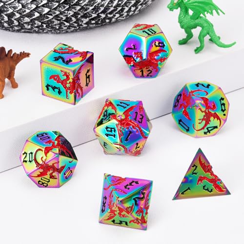 DND Metal Dragon Dice Set with Dragon, Metallic Polyhedral Dice Set for Dungeons and Dragons RPG TTRPG D&D Die with Gift Case (Dragon-Rainbow Red Dragon) - color: Rainbow Red Dragon